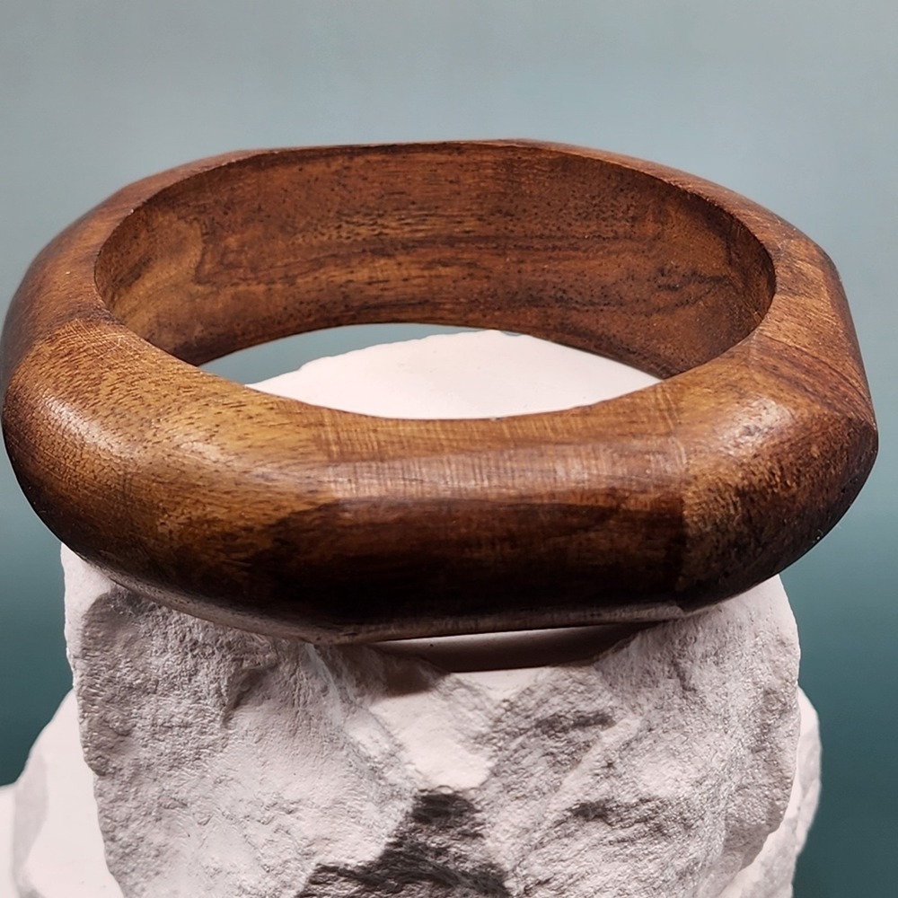 Wide Brown Wood Bangle Bracelet Chunky Domed Natural Grain Boho Statement Cuff